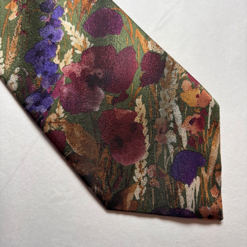 Christian Dior Monsieur Mens Floral Silk Tie Green Purple Burgundy Vintage